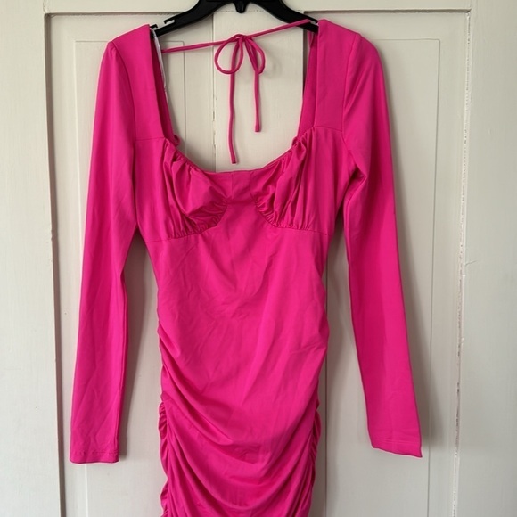Lulu’s Hot Pink Long Sleeve Ruched Open Back Mini Dress - Picture 6 of 16